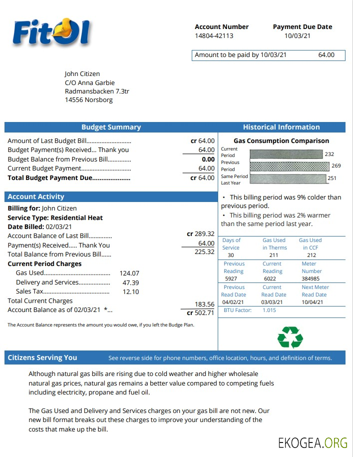 Sweden Fitol gas utility bill template in Word and PDF format